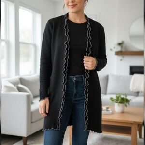 Venario women's wool cardigan coat ruffles and long sleeves open front black L.